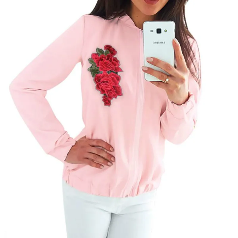 2018 Новый дизайн женские осенние куртки на молнии с цветочной вышивкой Модные