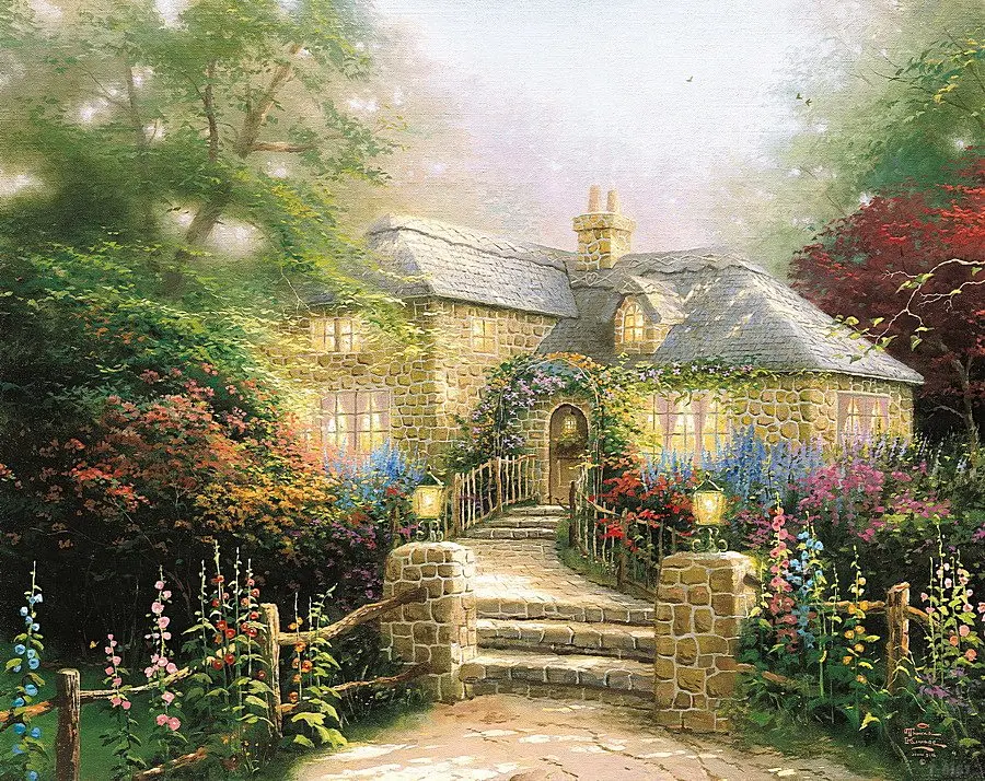 Картина на холсте Thomas Kinkade осень в Эшли Коттедж с принтом Современные художники