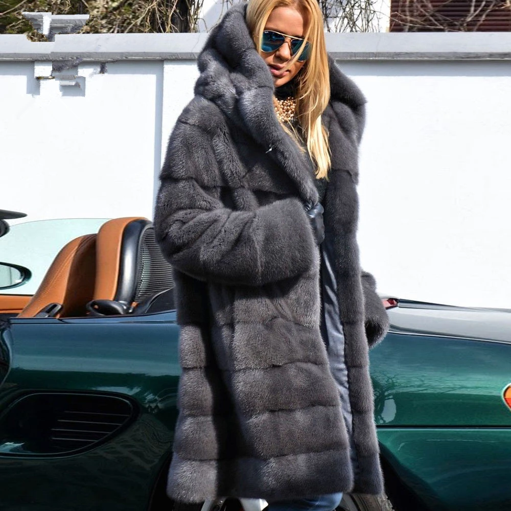 TOPFUR Fashion Dark Gray Coat With Fur Hood Real Fur Coat Women Winter Natural Mink Fur Coat Medium Long Standard Clothing