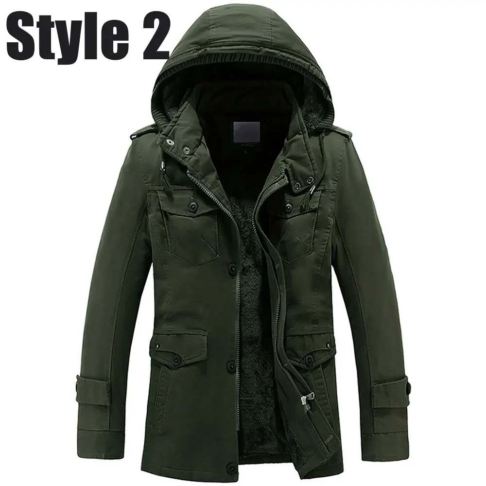 Style2 Army Green Manteau homme, модный Тренч с капюшоном, мужская зимняя куртка, флисовый мужской Тренч с капюшоном, хлопок, размера плюс 6XL - Цвет: Style2 Army Green