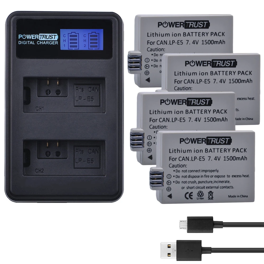 4 шт. 1500 мАч LP E5 LPE5 батарея + ЖК дисплей двойной USB зарядное устройство для Canon EOS 450D