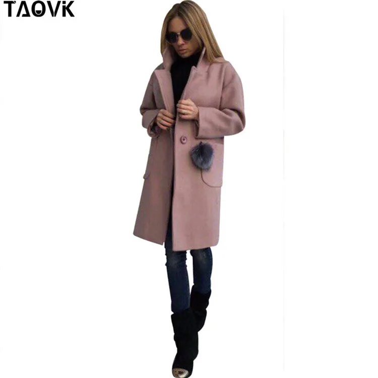 Женское длинное пальто с лацканами TAOVK, пальто с длинными рукавами, карманами и меховыми помпонами