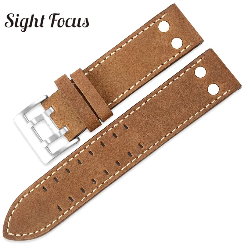 22mm Crazy Horse Leather Straps for Hamilton Zenith Seiko Omega Watch Band Rivet Military Pilot Khaki Field Aviation Watch Belts