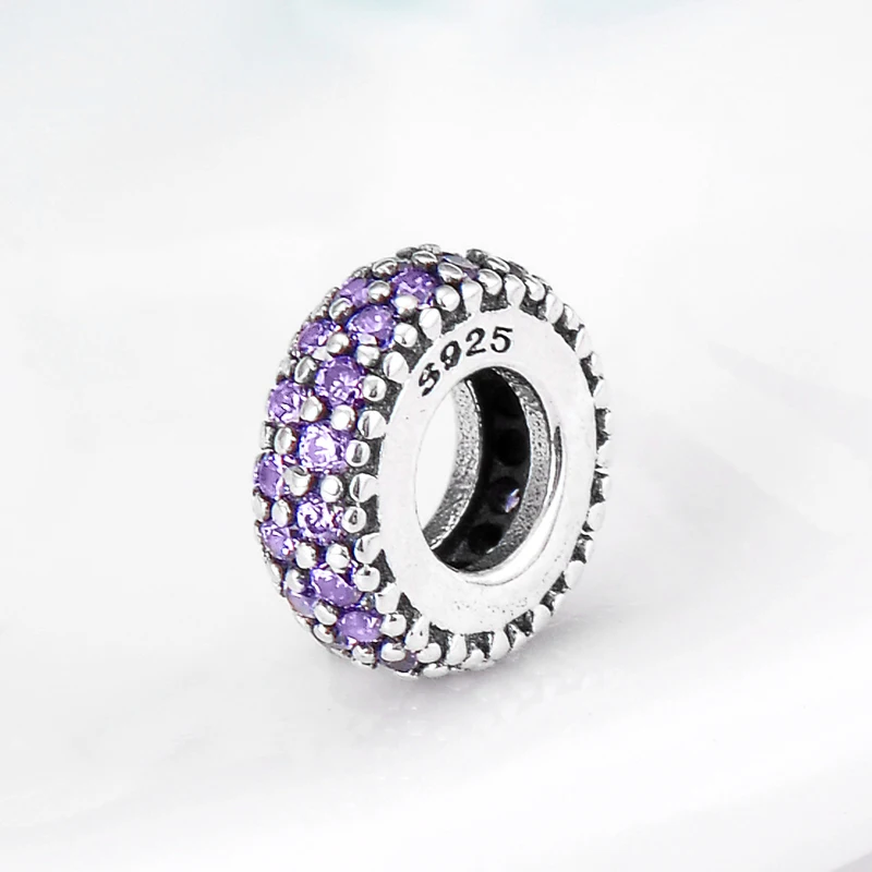 Round shape Spacer bead 925 Sterling Silver purple Sparkling zircon Fine Bead Fit Original Women Charm Bracelet Jewelry making | Украшения