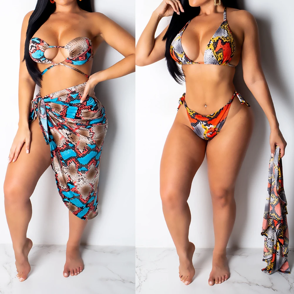 Женский леопардовый купальник бикини с принтом накидка кафтан саронг змеиный