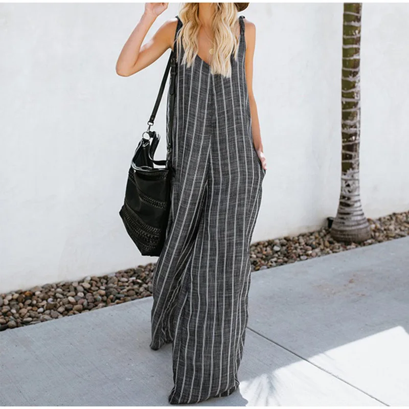 Oversized Women's Striped Cotton Loose Jumpsuit OL Work Wide Leg Sleeveless Romper Womens Plus Size Summer Casual Overalls