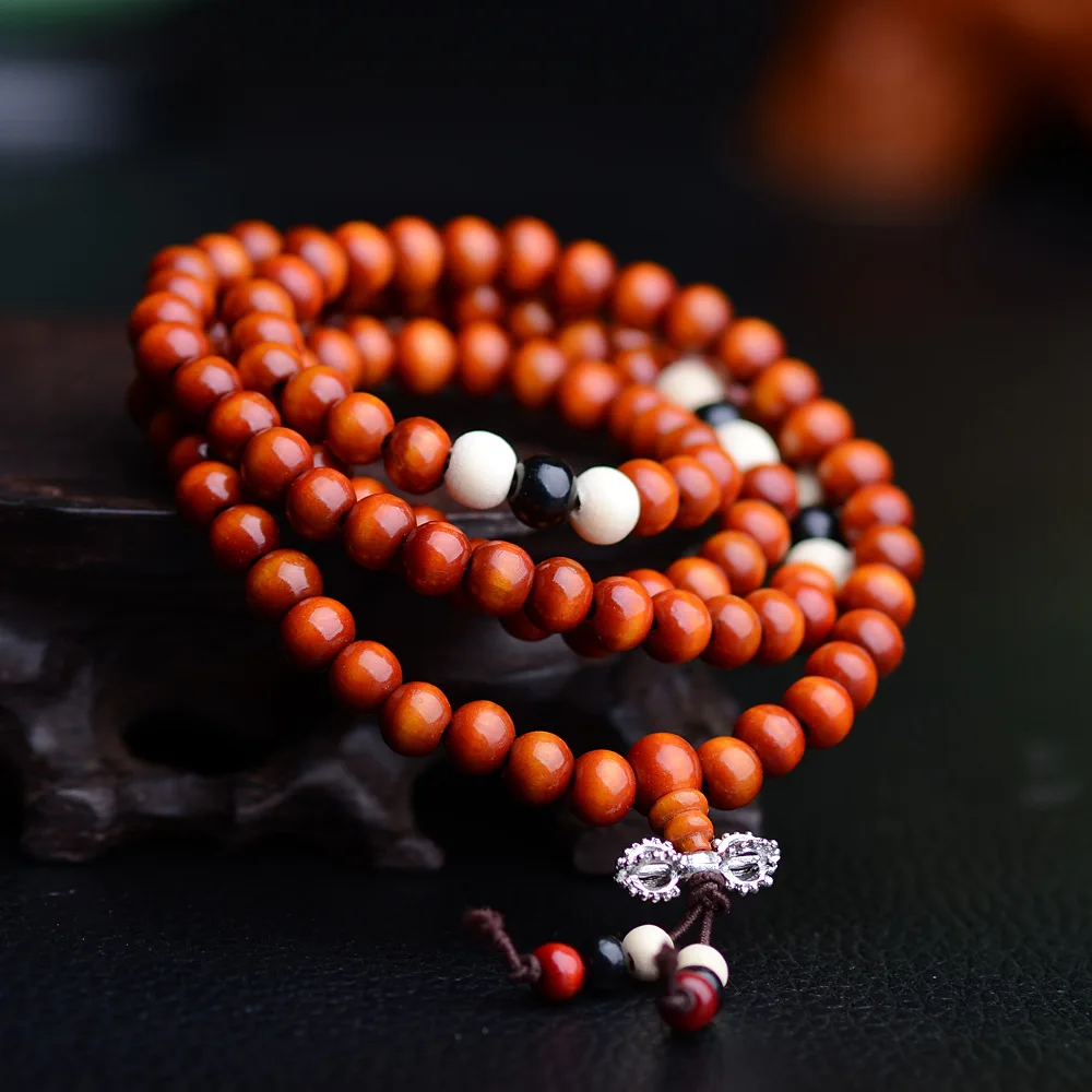 Модные браслеты из натуральных 6 мм бусин из палисандра розового цвета 108 бус Будды для мужчин и женщин, длинный браслет, религиозный подарок, оптовая Тибетская ювелирная продукция.