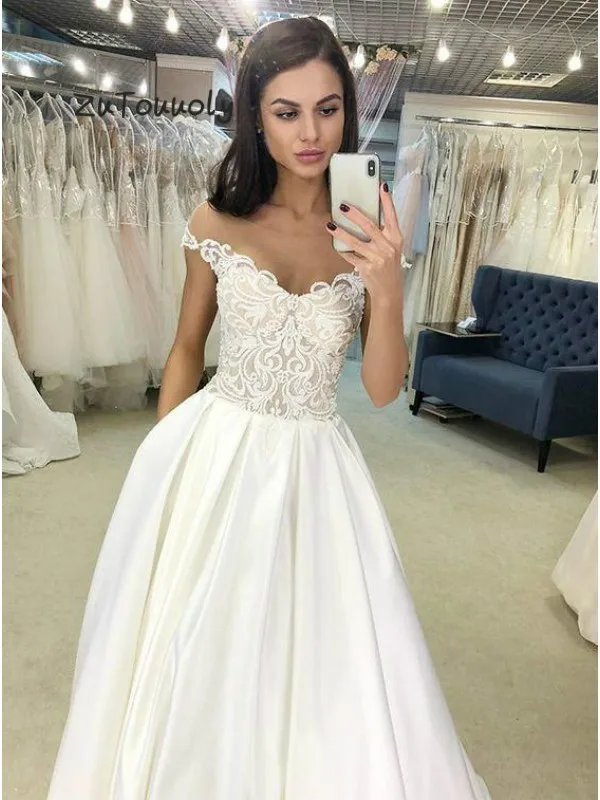 

Elegant White Prom Dress With Pockets Off The Shoulder Applique A Line Satin Long Graduation Party 2019 Evening Ceremony Dresses
