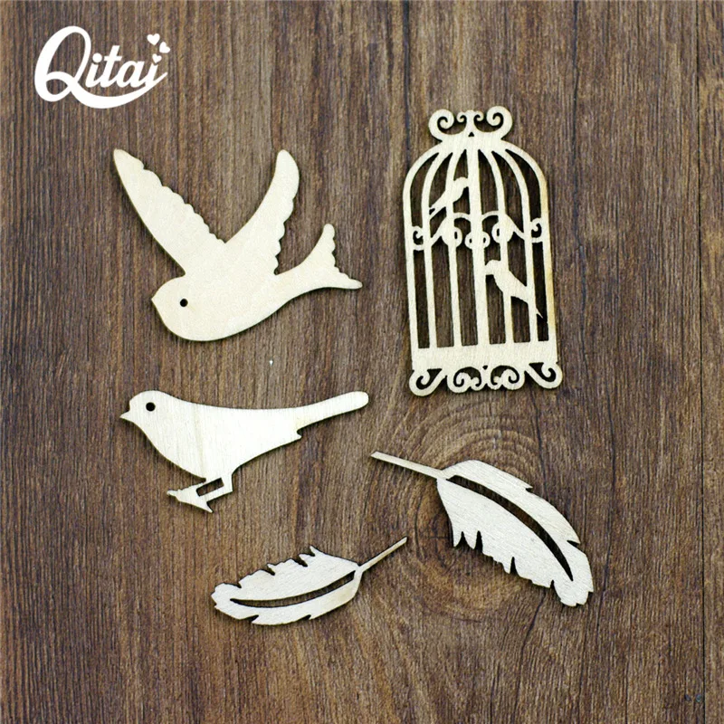 QITAI Набор деревянных украшений для скрапбукинга птиц клетки и перья поделки