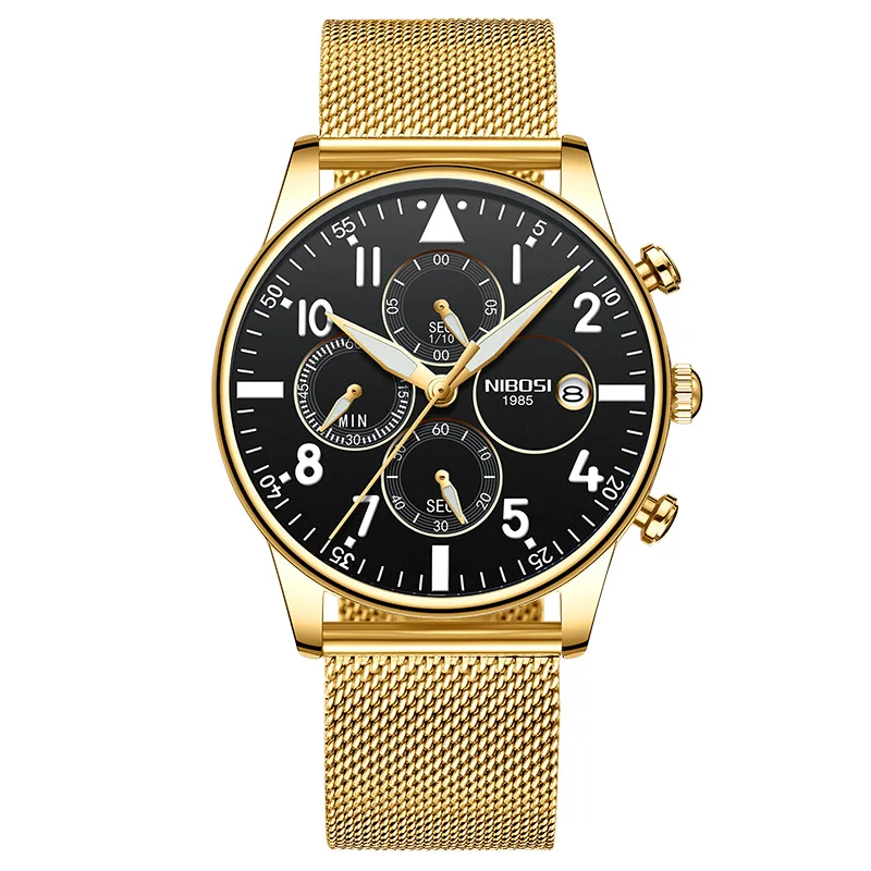 Gold black m Rologios Masculinos NIBOSI мужские часы Топ люксовый бренд Мужские стальной браслет Кварцевые часы аналоговые наручные часы водонепроницаемые Saat - Цвет: Gold black m