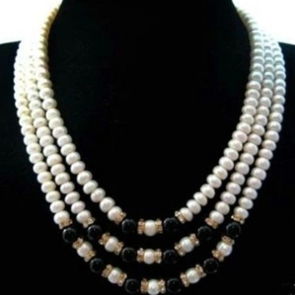 

Wolesale price 3 rows freshwater cultured cultured 7-8mm abacus rondelle pearl black jades necklace top quality 17-19inchMY5275