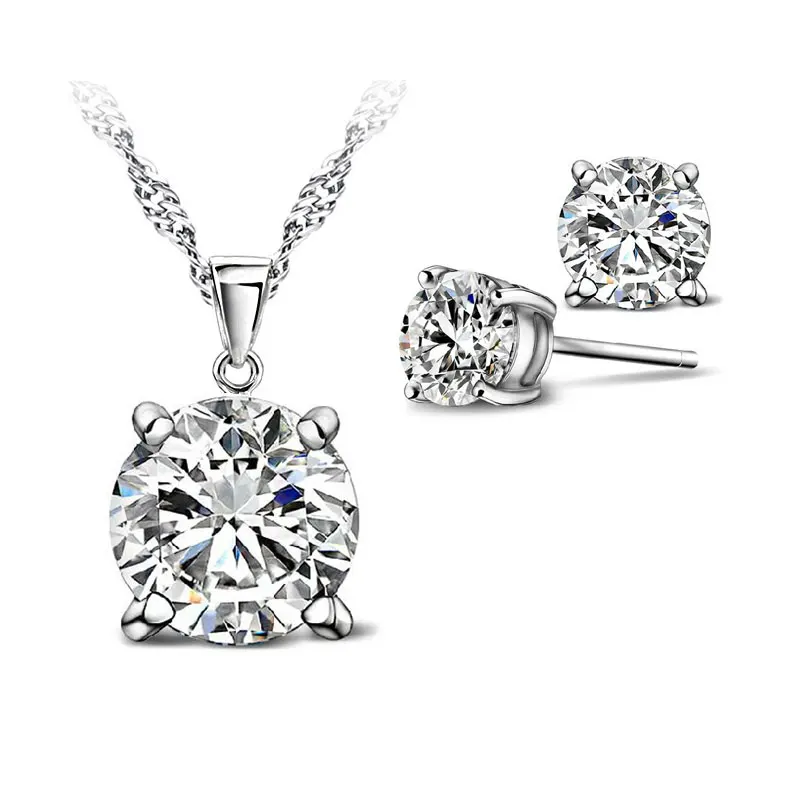 

Sparkling CZ Crystal Earrings Necklace Jewelry Sets Wedding Dress 925 Sterling Silver Stud Earring Pendant Necklace