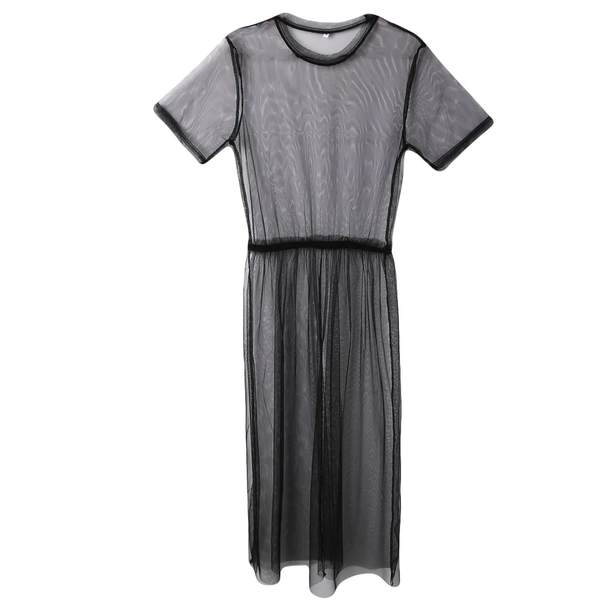 

Women Black See-through Mesh Dress Sexy Off Shoulder Summer Maxi Cover Up Tulle Dress Ladies Casual Half Sleeve Lace Dresses