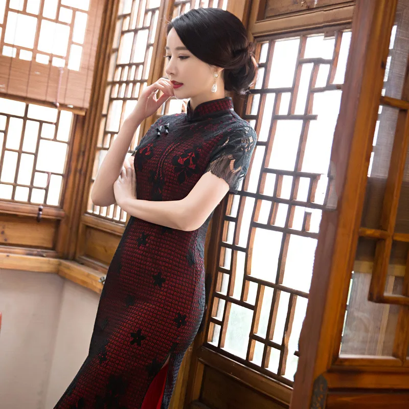 Fengmeisi китайский Cheongsam долго Qipao кружева красный черный тонкий пикантные винтажные
