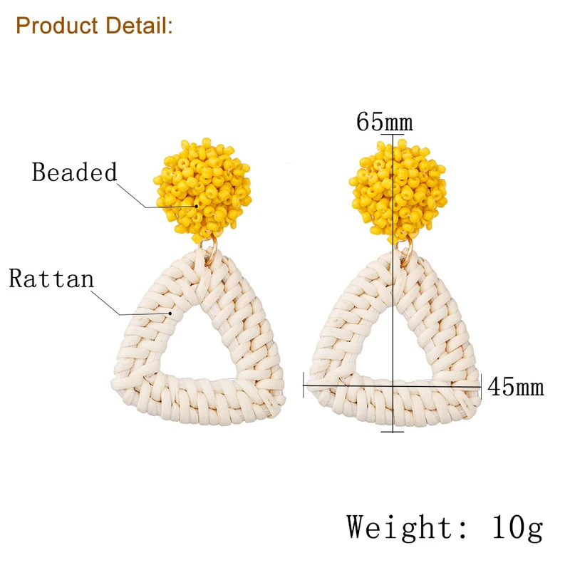 Junlead Wholesale Triangle Pendant Vintage Dangle Statement Earring Beaded Wooden Straw Weave Rattan Earrings For Female Bijoux | Украшения