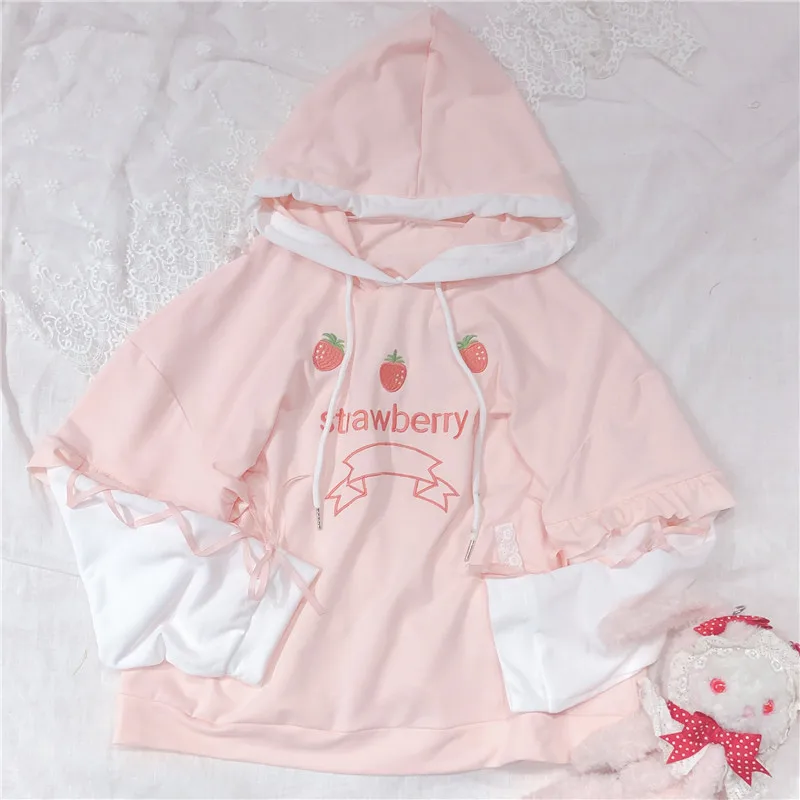 Мягкие милые женские толстовки с вышивкой в виде клубники Kawaii пуловер для