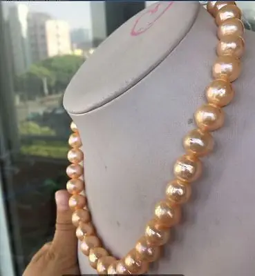 

18INCH HIGH LUSTER SOUTH SEA 11-12MM GOLD PINK PEARL NECKLACE >Selling jewerly free shipping