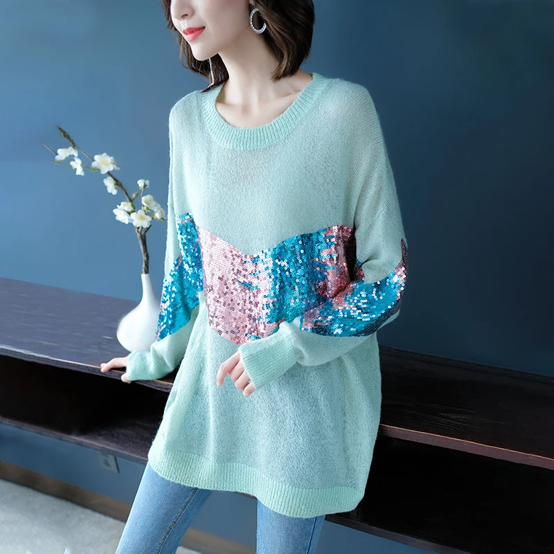 Женский свитер с длинным рукавом Свободный вязаный длинный пуловер блестками на