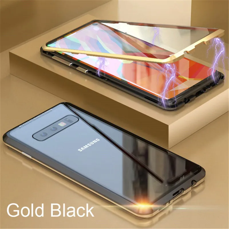 Magnetic Case for Samsung Galaxy S10 S10e S10 Plus 5G S8 S9 Plus Note 8 9 Front+Back double-sided Tempered Glass For A7 A9 - Цвет: Black-Gold