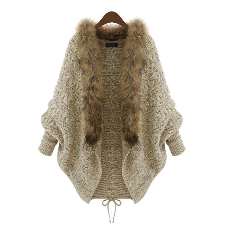 Женский кардиган оверсайз с воротником из искусственного меха рукав летучая
