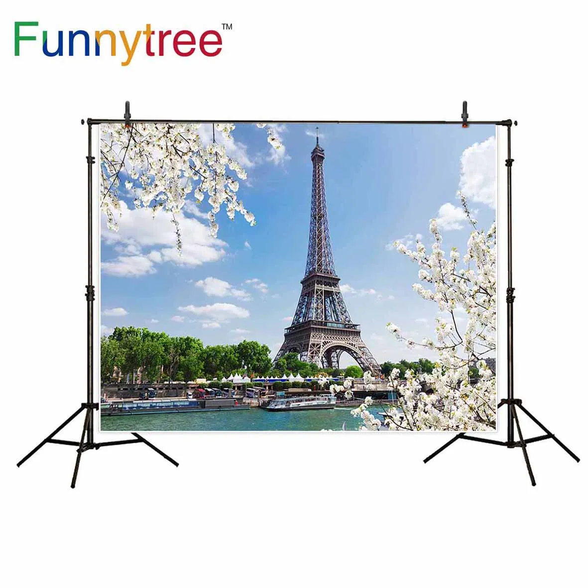 

Фон Funnytree для фотостудии с изображением Парижа Эйфелевой башни неба озера цветка дерева природы