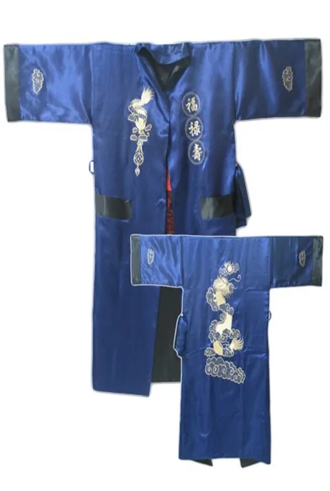 navy blue black Зеленое черное двустороннее китайское мужское кимоно с вышивкой, атласный шелковый халат, банное платье с драконом, один размер S3002 - Цвет: navy blue black