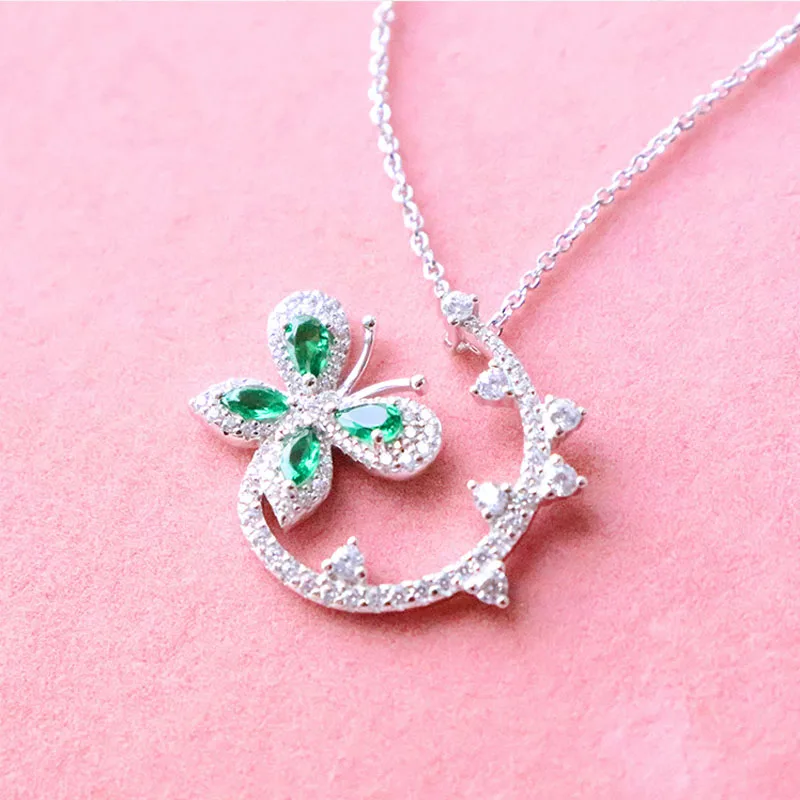 SLJELY Luxury 925 Sterling Silver Mentha Mint Green Cubic Zirconia Butterfly Flower Pendant Necklace Fine Women Brand Jewelry | Украшения и
