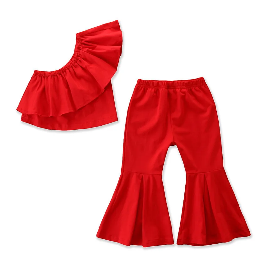 Лето 2019 Детский комплект: Розовая/красная блузка + штаны с вырезами хлопковый топ