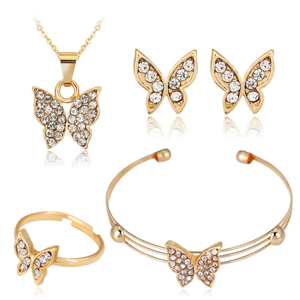 Butterfly Rhinestone Jewelry Necklace Earrings Bracelet Ring Set for Women Gold Color Bridal Wedding Sets | Украшения и