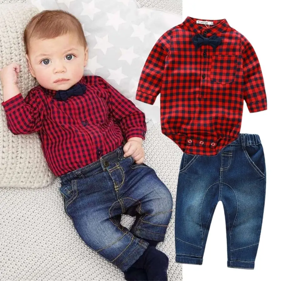 2pcs Kids Baby Boys Clothes Set Bodysuit Jumpsuit Long Sleeve Plaid Tops Jeans Pants Outfits Boy Clothing |