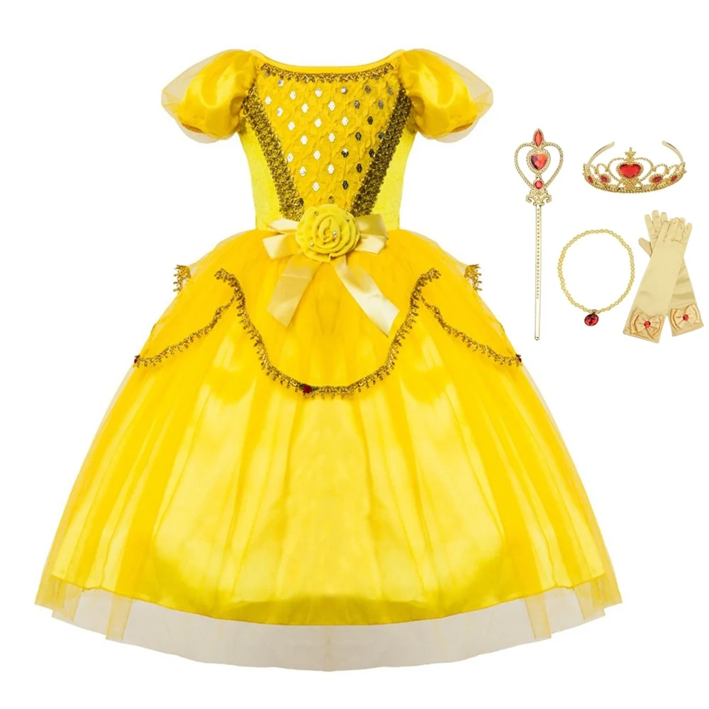 FINDPITAYA Girls Halloween Kids Belle Princess Costume Girl Short Sleeve Cosplay Party Dress Children Flower Layer Gown | Тематическая