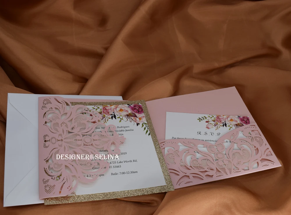 Румяна розового золота Блестящий Quinceanera приглашения с открытка RSVP лазерная резка