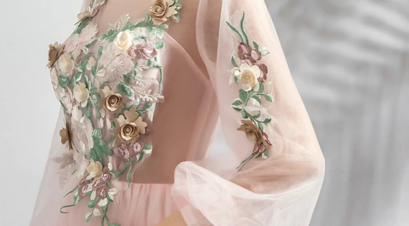 Женское вечернее платье со шлейфом SSYFashion романтичное розовое кружевное с