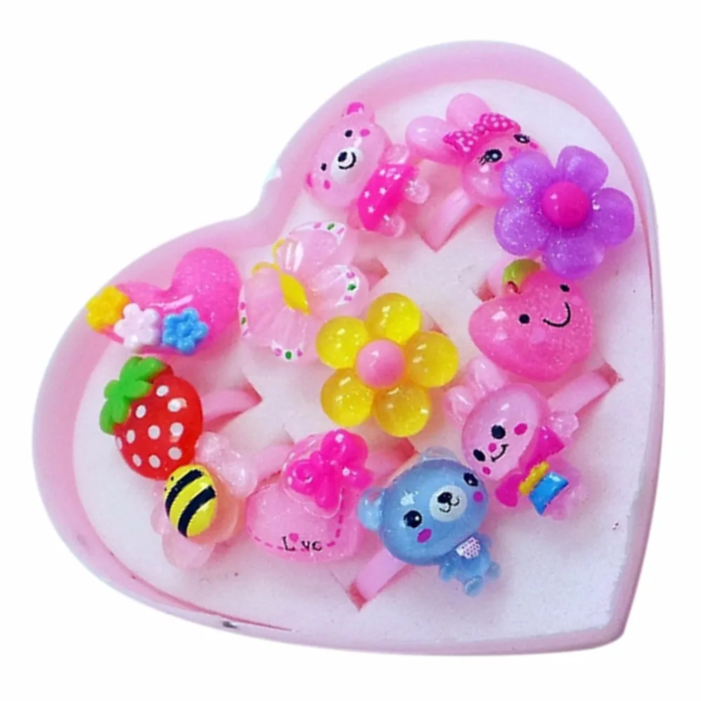 Fatpig 12pcs / set Mix Animals Flower Heart Assorted Baby Kids Girl Children's Cartoon Rings With Display Box For Birthday Gifts |