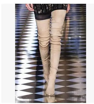 Роскошная Брендовая обувь женские сапоги до бедра с острым носком Стрейчевые