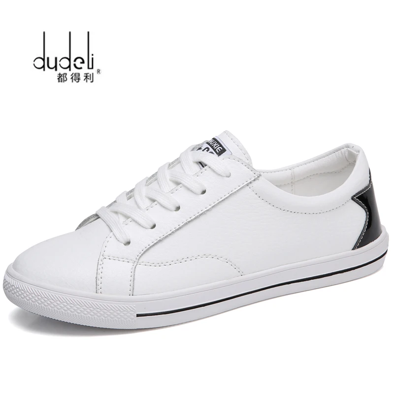 DUDELI 2018 Autumn Leather Women Flat Shoes Brand Designer Fashion Round Toe Lace Up Casual Student White Moccasins | Обувь