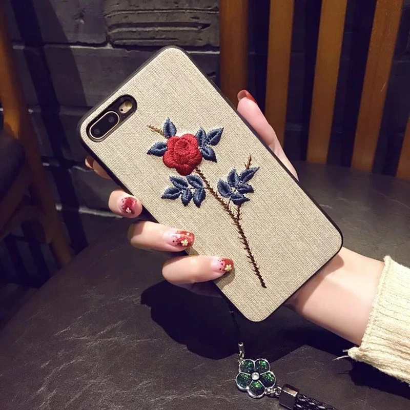 Guokos New Fashion 3D Rose Flower Embroidery Soft Silicone Case For iPhone X XS MAX XR Fabric iPhone6s 6 7 8 Plus Coque |