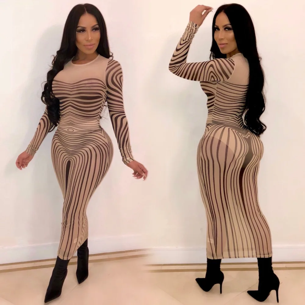 Wjustforu Srriped Сетчатое платье с принтом Vestidos модное облегающее элегантное миди