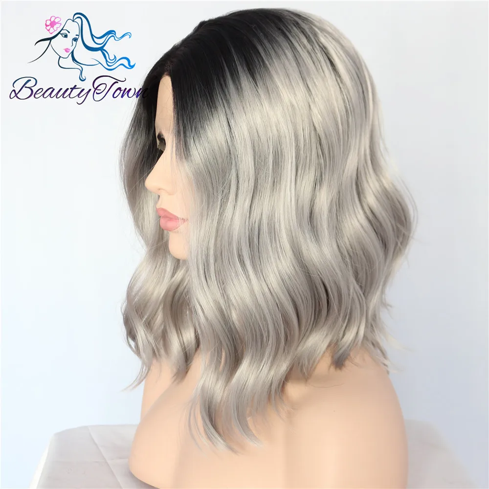 BeautyTown короткий Тип Черный Омбре серый Glueless ручная вязка большая часть шнурка термостойкие ежедневный макияж Синтетические Кружева передние парики