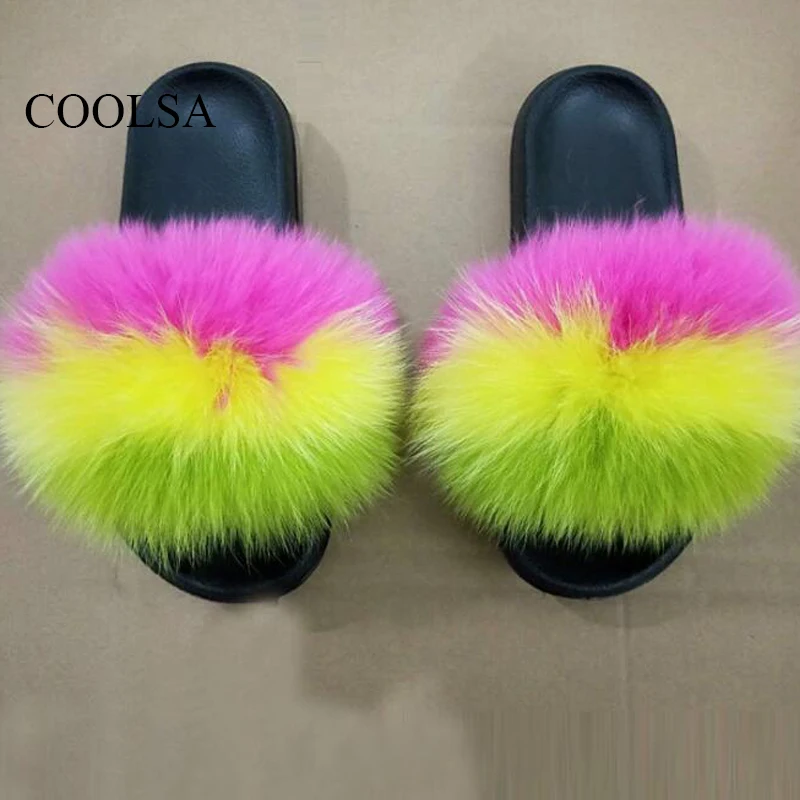 

COOLSA Women's Furry Fox Fur Slippers Fluffy Contrast Color Striped Rainbow Slides Indoor Cute Plush Flat Shoes Plus Size 11