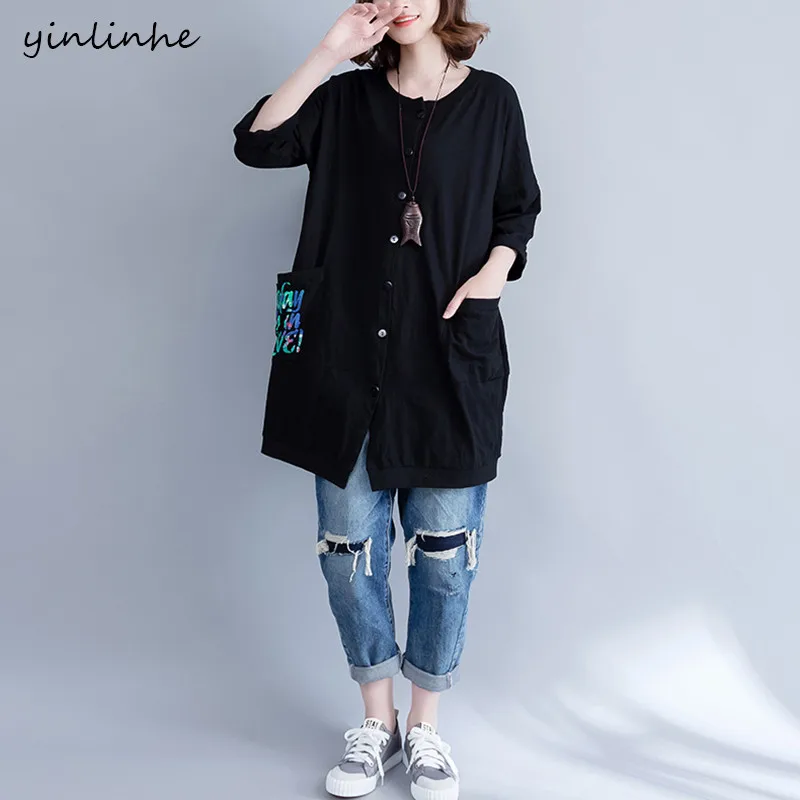 Yinlinhe новый плюс Размеры Для женщин летние длинные свободные Футболки черный