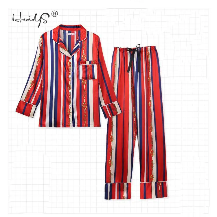 Stripe Printing Women's 7 Pieces Pajamas Sets Emulation Silk Satin Pajamas Women Sleepwear Sets Spring Summer Autumn Homewear