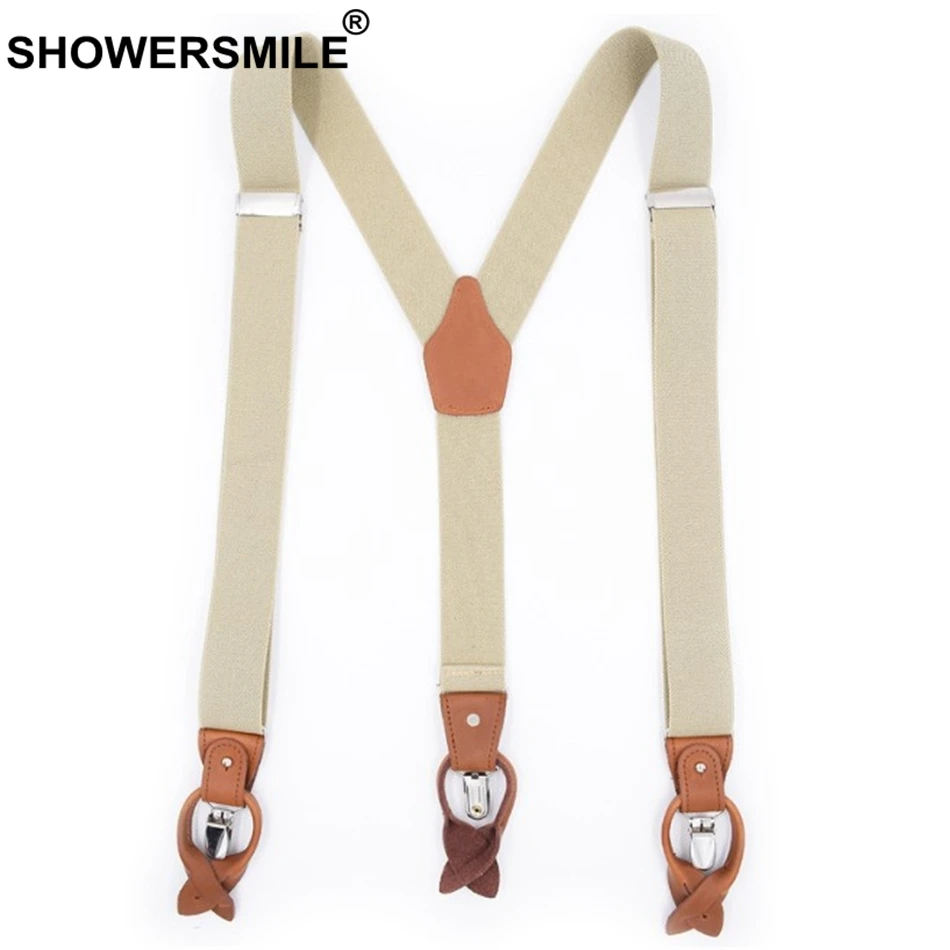 SHOWERSMILE мужские зажимы для подтяжек, однотонные красные подтяжки для рубашек, Кожаные эластичные мужские широкие подтяжки 3,5 см, цвета хаки, синий, черный, кофейный