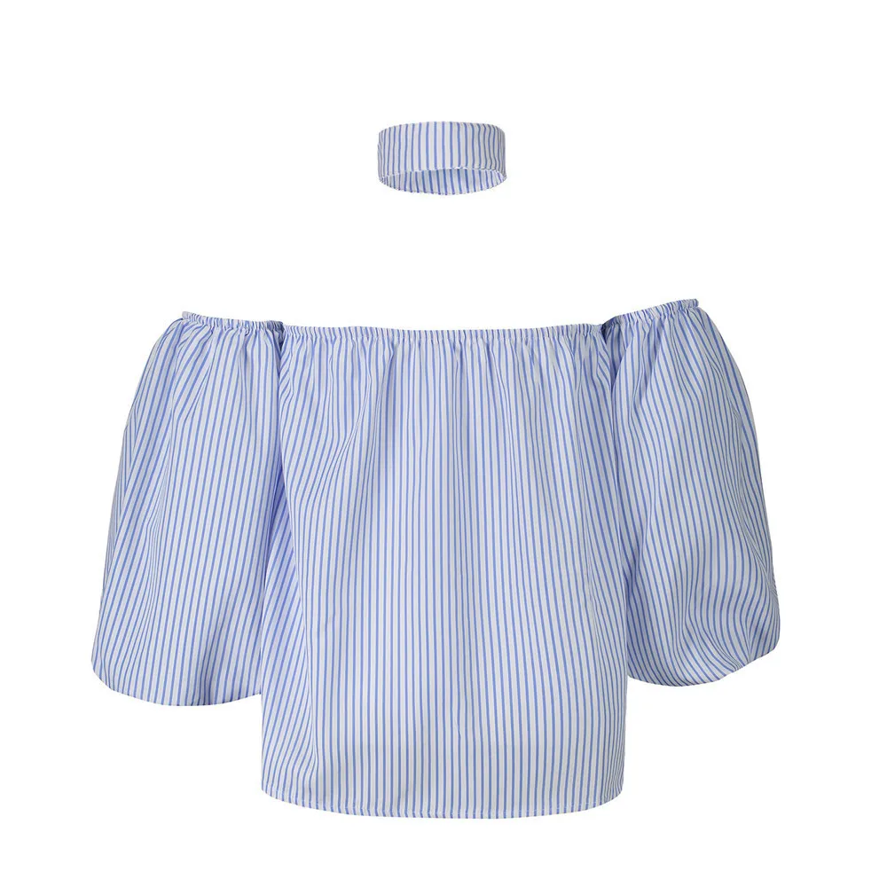 

Fashion Women Striped Lantern Half Sleeve Off Shoulder Casual Shirt