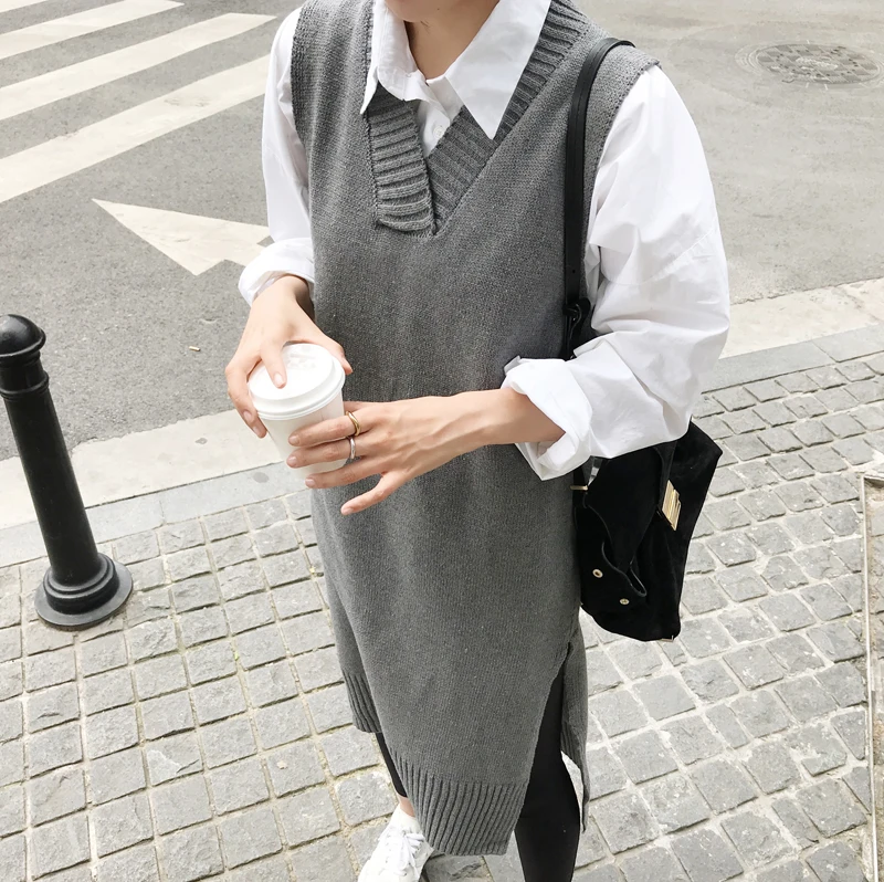 Осень 2019 новинка Женский Длинный жилет платье свитер трикотажное v образный