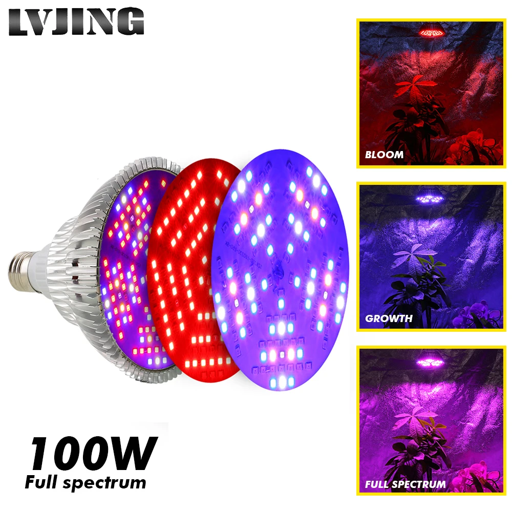 Фитолампа Full Spectrum LED Grow Light E27 100W для роста растений в тенте 220V 110V включена в розетку.