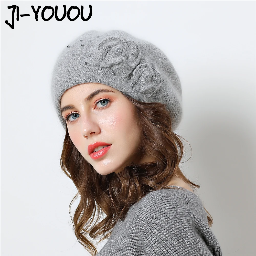 

Double layer design winter hats for women hat rabbit fur for Pearl inlay knitted hat Big flower cap beanies 2018 New Caps