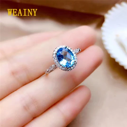 Женское кольцо с голубым топазом WEAINY, простое кольцо из натурального швейцарского топаза 9*7 мм, ювелирное изделие из серебра, белого золота, подарок для женщин
