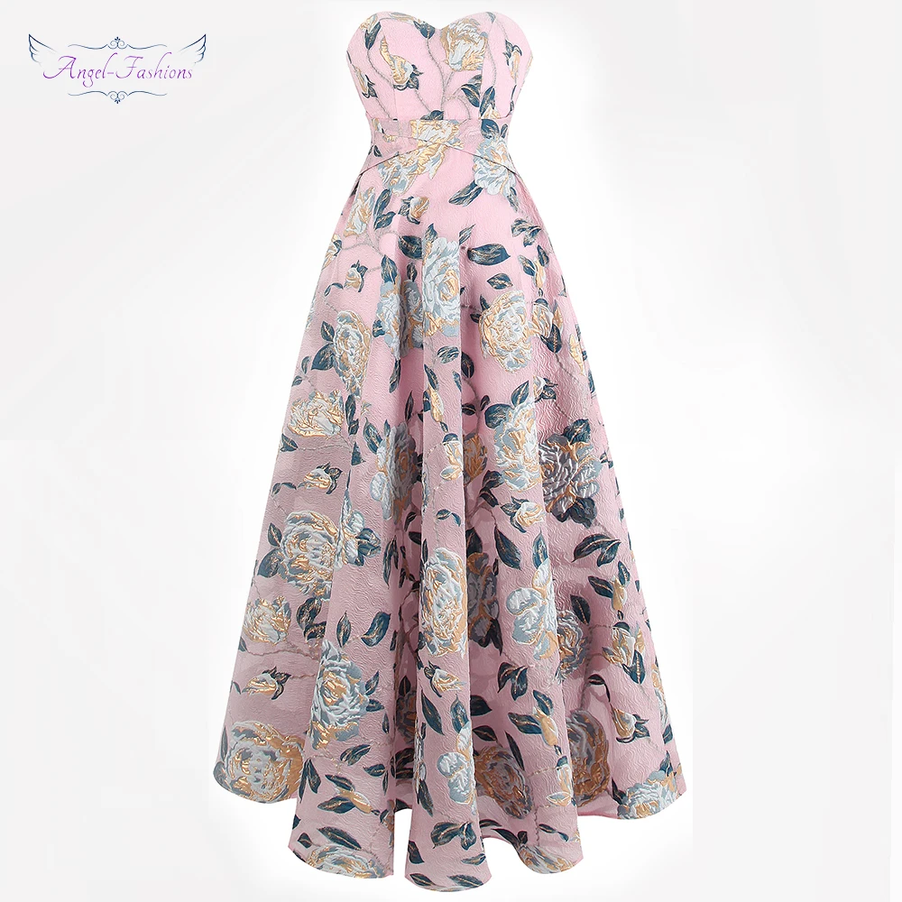 Женское вечер.платье без бретелей Angel-Fashions, розовое вечернее платье с открытыми плечами без бретелей, с цветочным узором, модель 419