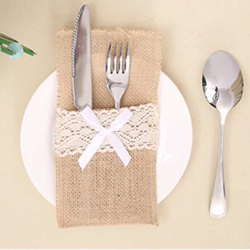 Джутовое кружево Карманы деревенская Свадебная посуда упаковка Вилка Нож